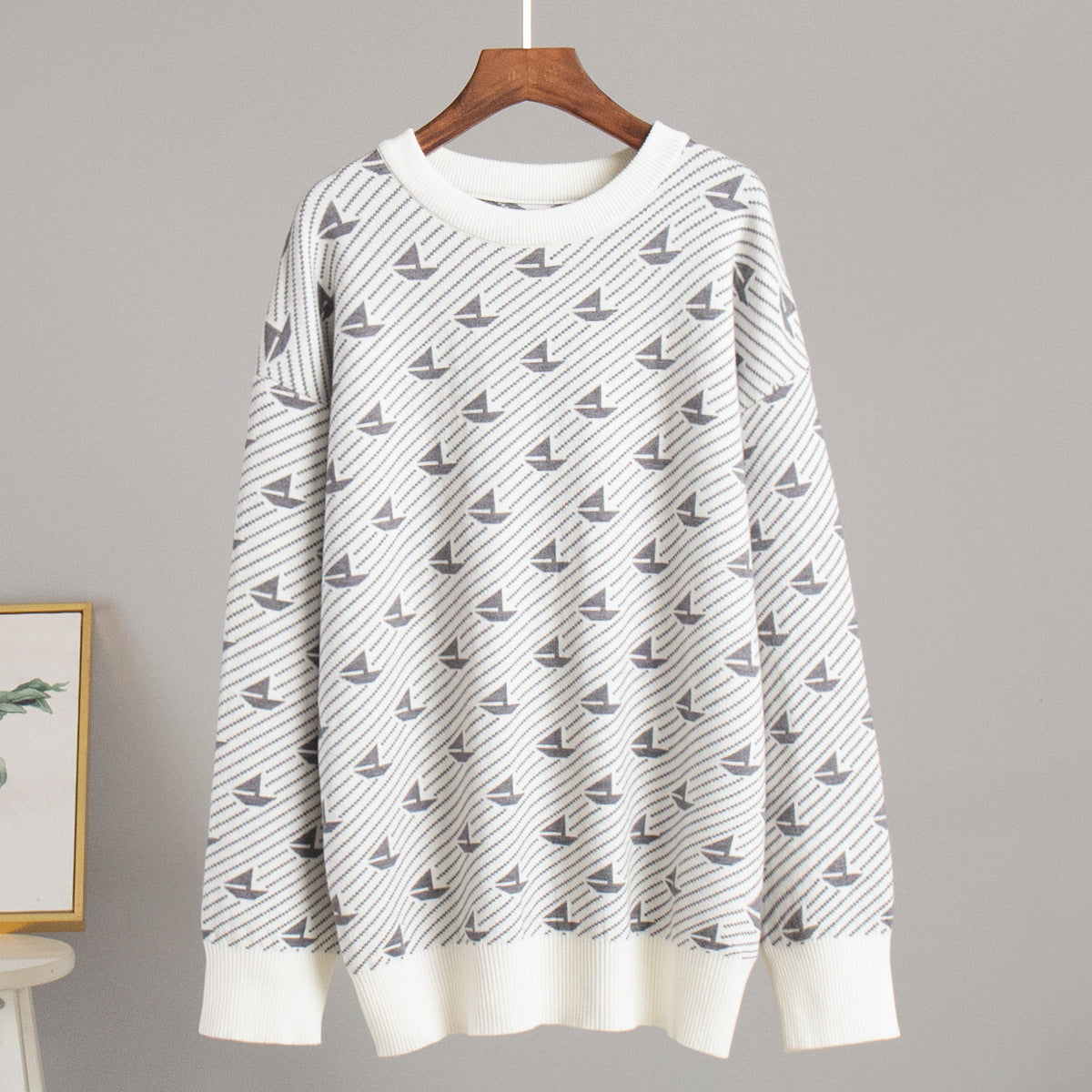 Damen Oversized Pullover Baumwolle Gemustert Beige