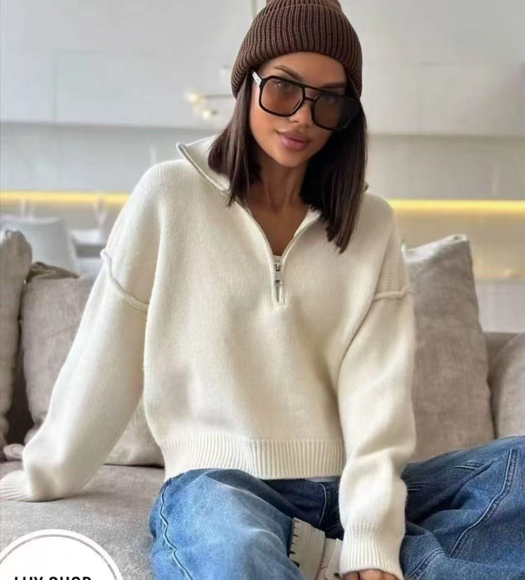 Damen Oversized Pullover Reißverschluss Norvielle