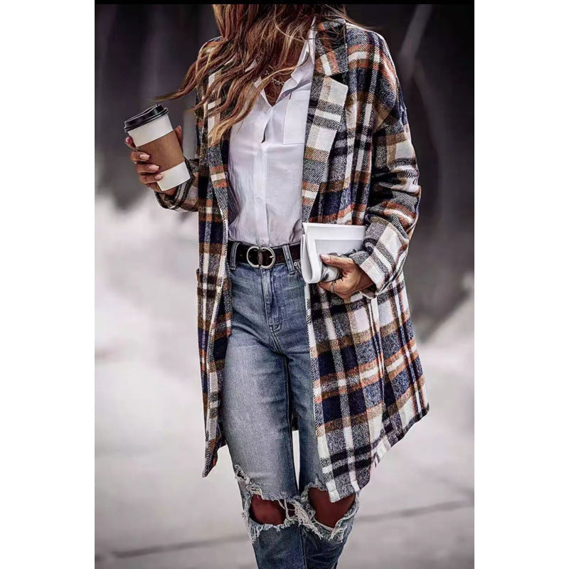Damen Karierter Mantel mit Seitentaschen Eleganter Schnitt Norvielle