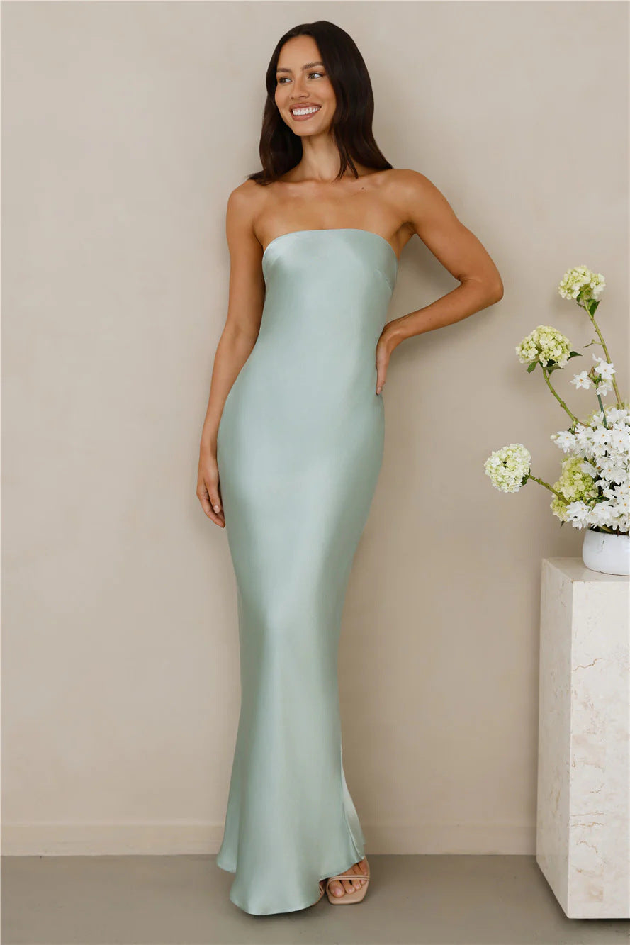 Damen Maxikleid Schulterfrei Satinoptik Norvielle