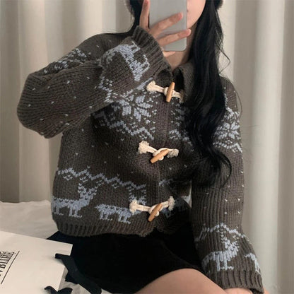Damen Strickjacke Tiermotiv Holzknöpfe Norvielle