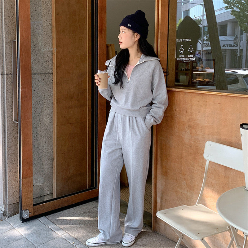 Damen Sport-Zweiteiler Set Lässiger Kragen Weite Hose Schwarz - Norvielle