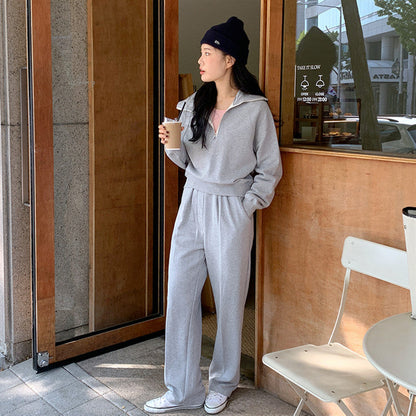 Damen Sport-Zweiteiler Set Lässiger Kragen Weite Hose Schwarz - Norvielle