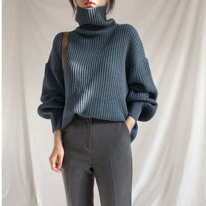 Damen Grobstrickpullover Hoher Kragen Voluminöse Ärmel Norvielle