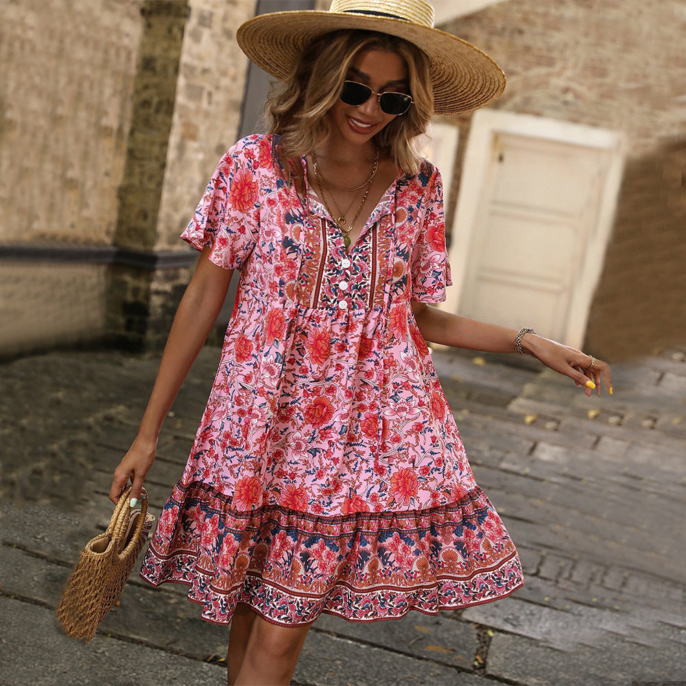 Damen Blumenkleid Sommer Rüschensaum Knöpfe Norvielle