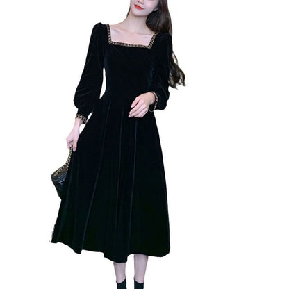Damen Samt Midi Kleid Quadratischer Ausschnitt Puffärmel
