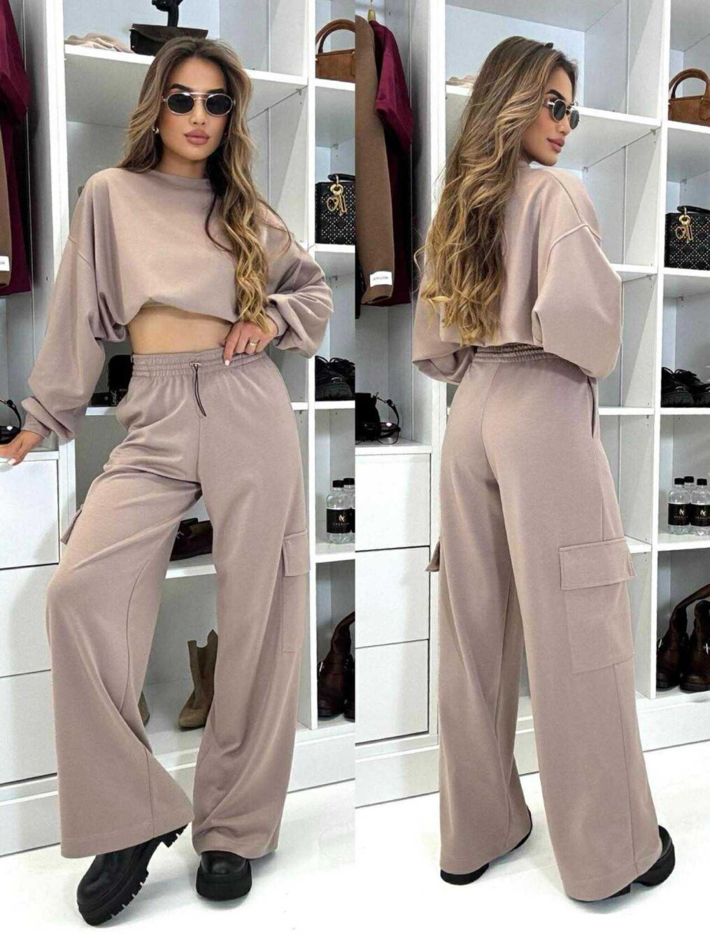 Damen Cargo-Loungewear-Set Cropped Oberteil Weite Hose Beige