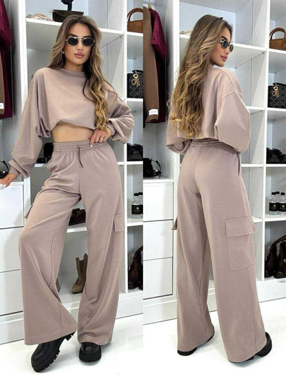 Damen Cargo-Loungewear-Set Cropped Oberteil Weite Hose Beige