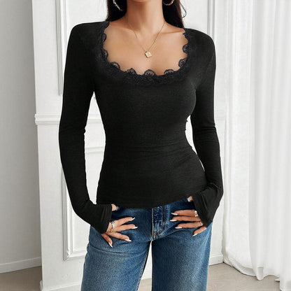 Damen Langarmshirt Spitzenrand Figurbetonter Stoff Norvielle