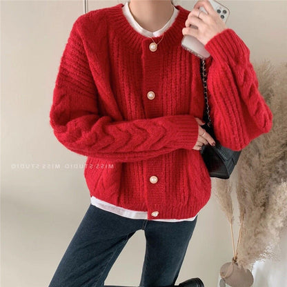 Damen Strickcardigan Kuschelig Perlenknöpfe Beige Norvielle
