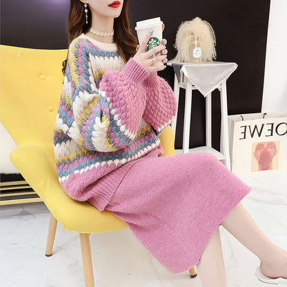 Damen Strickpullover Bunt Blockmuster Voluminöse Ärmel