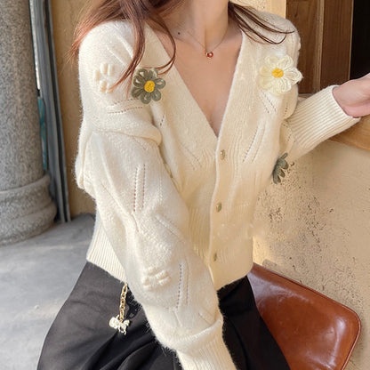 Damen Strickjacke Florale Applikationen V-Ausschnitt Norvielle