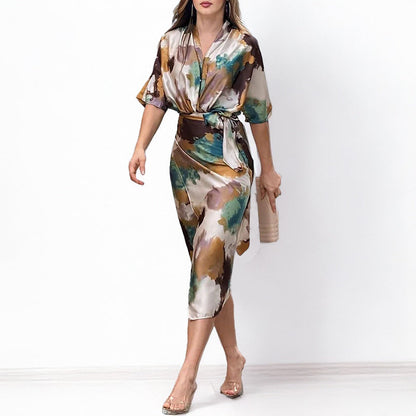 Damen Wickelkleid Kimono-Ärmel Taillengürtel
