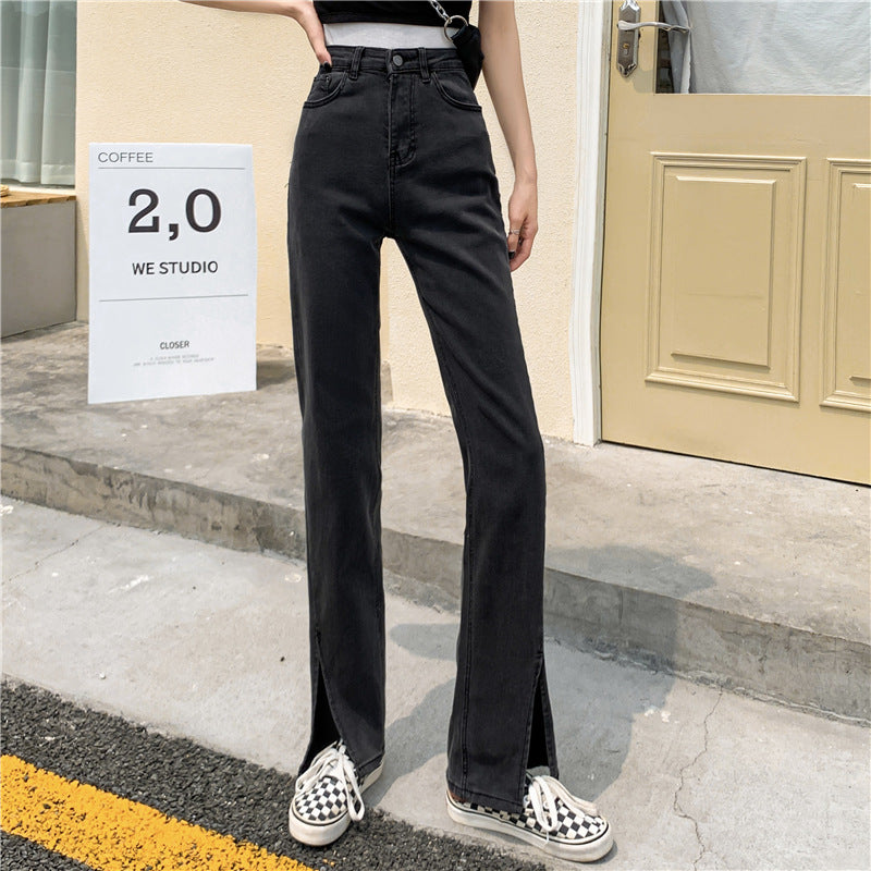 Damen Hochtaillierte Denimhose mit Seitenschlitzen