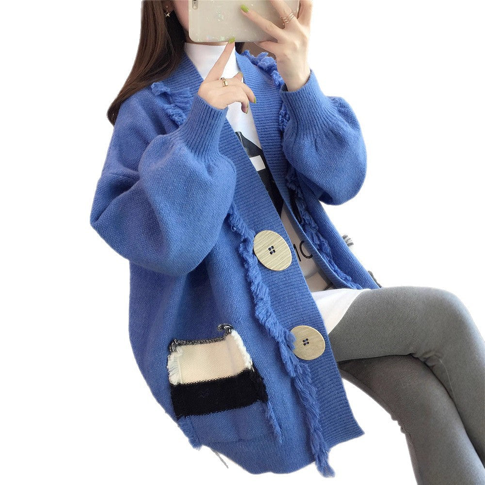 Damen Strickjacke Lässig mit Fransen Details Beige