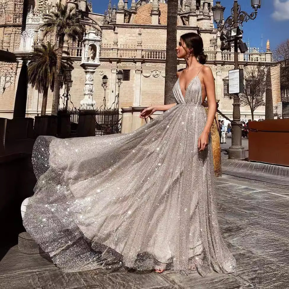 Damen Abendkleid Tiefes V mit Tüll Schimmernd Norvielle