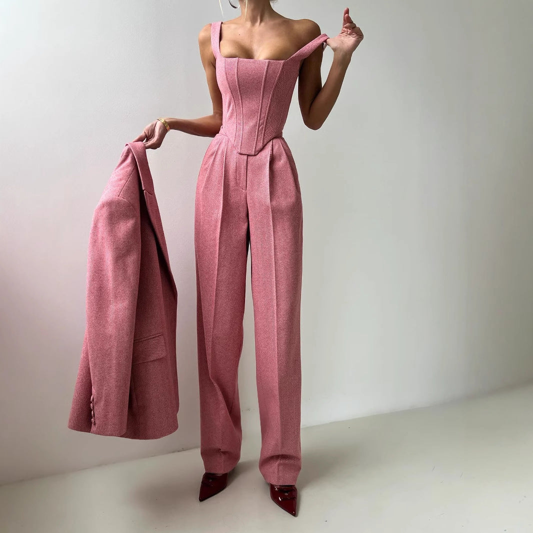 Damen Anzug-Set Zweiteilig Tailliertes Oberteil Geraute Hose Norvielle