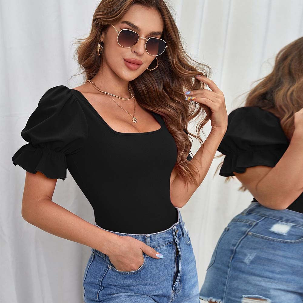 Damen Body Puffärmel Quadrat Ausschnitt