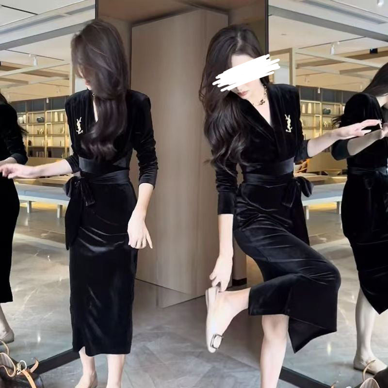 Damen Langarmkleid Wickeldesign Rüschensaum