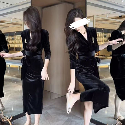 Damen Langarmkleid Wickeldesign Rüschensaum