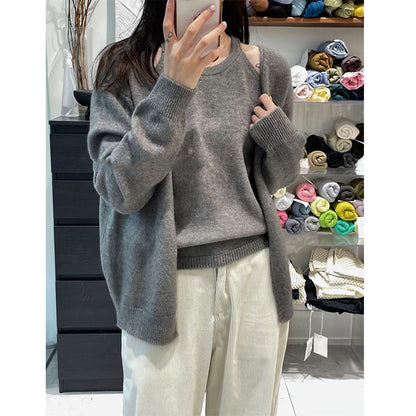Damen Strickjacke Verlängert Feine Textur Beige