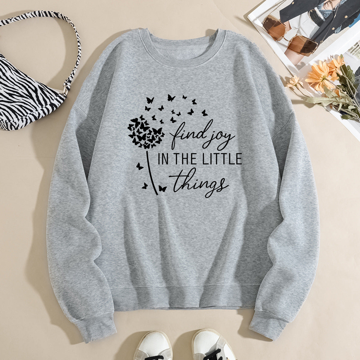 Damen Sweatshirt Floraler Aufdruck Baumwolle Weiß