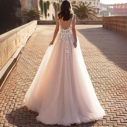 Damen Hochzeitskleid mit Floralmuster V-Ausschnitt