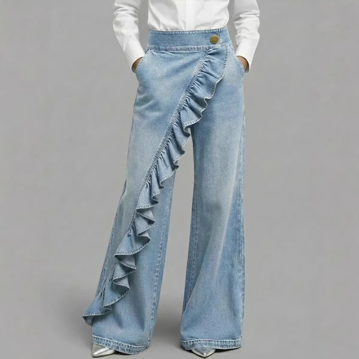 Damen Weite Jeanshose Rüschendetail