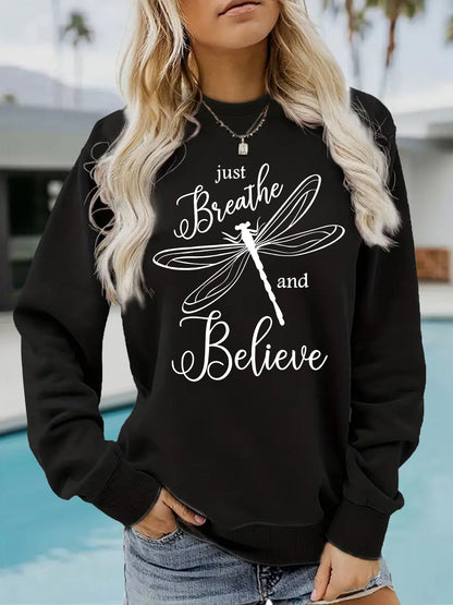 Damen Sweatshirt Drachenfliegen-Motiv Lässiger Schnitt Grau