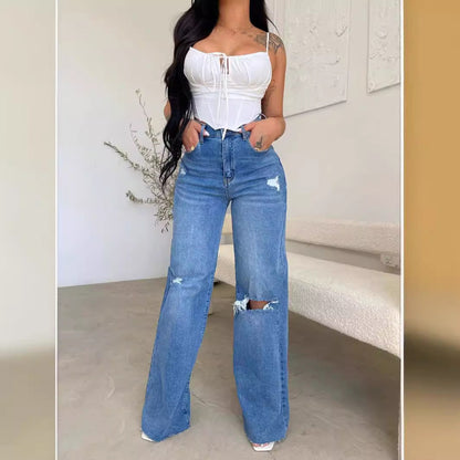 Damen Vintage Weite Jeans Destroyed-Style Hochwerder Bund
