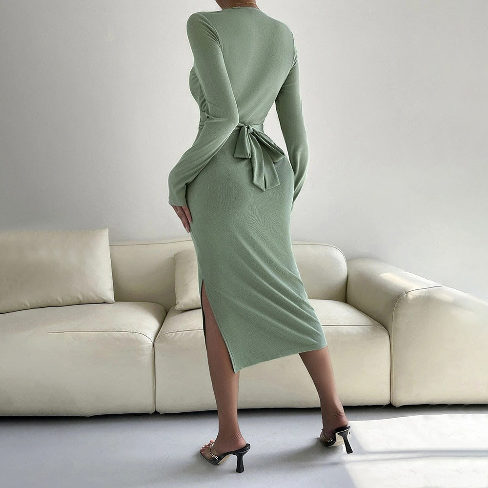 Damen Wickelkleid Langärmelig Raffungseffekt Elegant