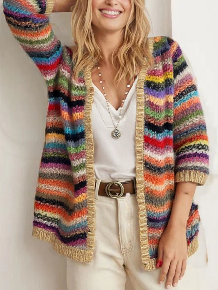 Damen Strickjacke Bunt Zickzack Muster Französische Ärmel