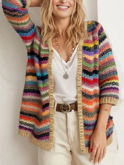 Damen Strickjacke Bunt Zickzack Muster Französische Ärmel