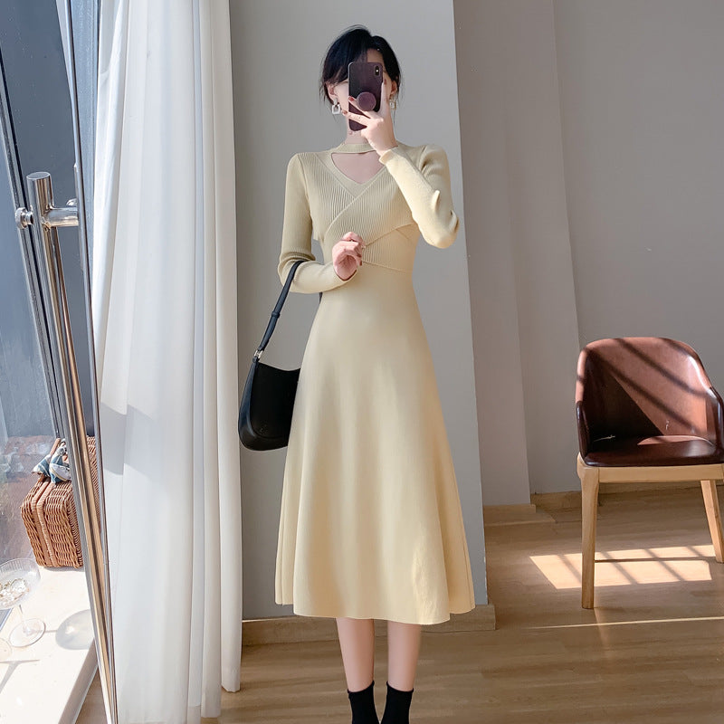 Damen Strickkleid Wickeldesign Cut-Out