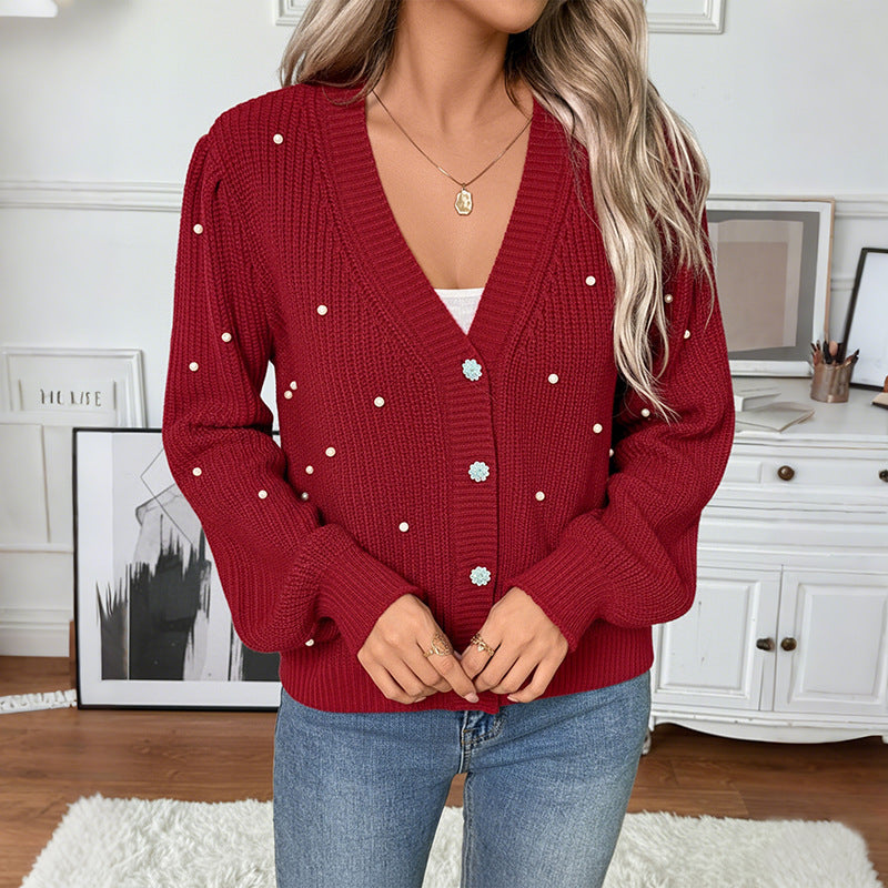 Damen Cardigan Gestrickt Perlen Dekoration Beige - Norvielle
