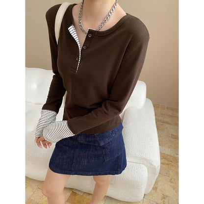 Damen Langarmshirt Gestreift Knopfverschluss Weiß