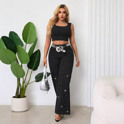 Damen High-Waist Jeans Strassbesatz Weit Schnitt