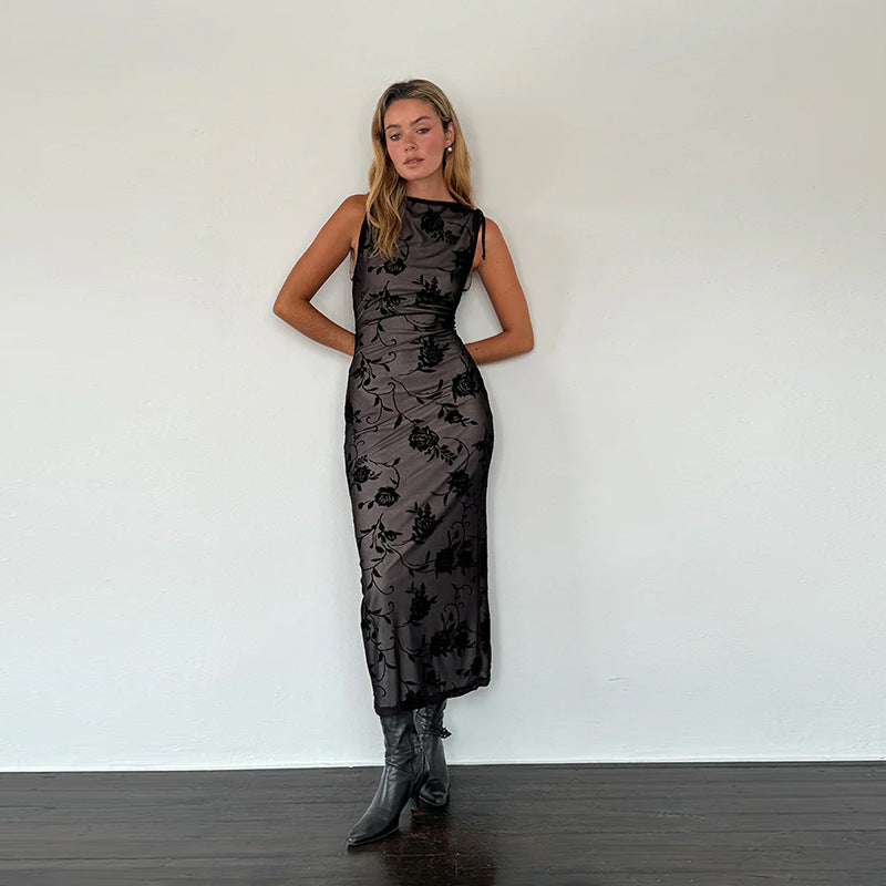 Damen Maxikleid Ärmellos Florales Muster Spitze Norvielle