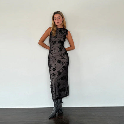Damen Maxikleid Ärmellos Florales Muster Spitze Norvielle