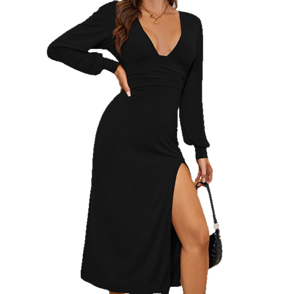 Damen Maxi-Kleid V-Ausschnitt Eleganter Schlitz