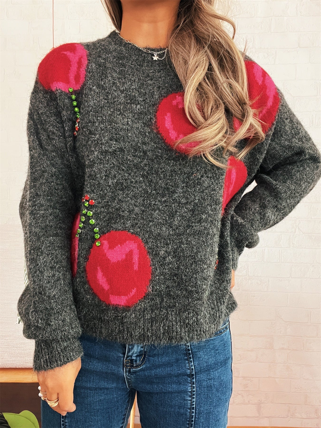 Damen Strickpullover Kuschelig Floralmuster Mit Glitzerakzenten