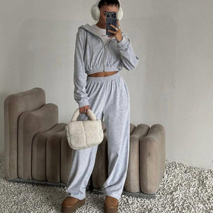 Damen Velours Freizeit-Set mit Kapuze Elastisch Beige