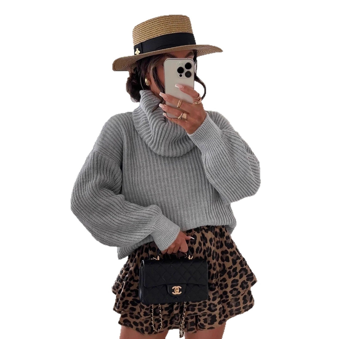 Damen Grobstrickpullover Hochkragen Weite Ärmel Norvielle