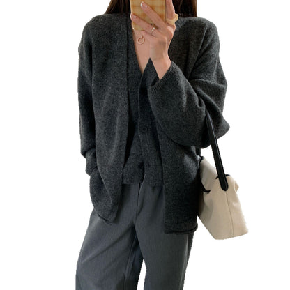 Damen Strickcardigan Lässig Knopfverschluss Voluminöse Ärmel Beige