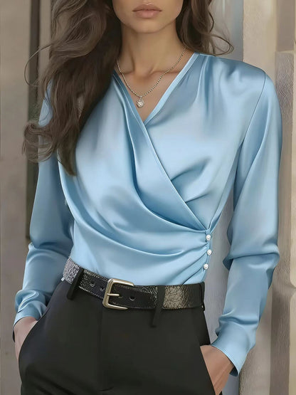 Damen Wickelbluse Satin Knöpfe Elegant Beige