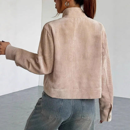 Damen Cordjacke Cropped Reißverschluss Relaxed Fit