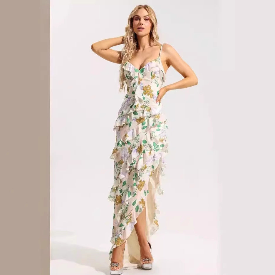 Damen Maxikleid mit Rüschen Floralmuster Tiefem Beinschlitz - Norvielle
