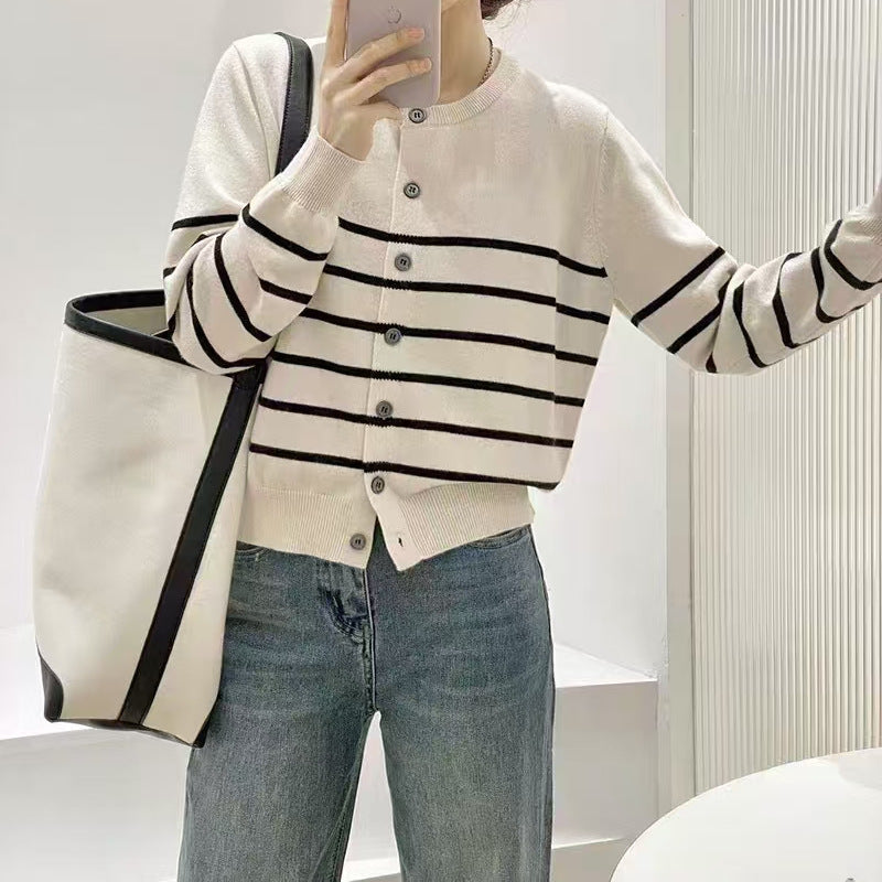 Damen Strickcardigan Klassische Streifen Knöpfe Beige - Norvielle