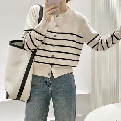 Damen Strickcardigan Klassische Streifen Knöpfe Beige - Norvielle