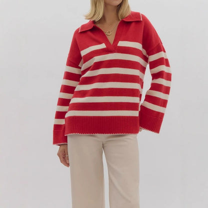 Damen Strickpullover V-Ausschnitt Breites Streifenmuster Norvielle